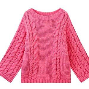 OVERSIZED MED CABLE KNIT SWEATER IN A GORGEOUS SHADE OF FUSCHIA AND BELL SLEEVES
